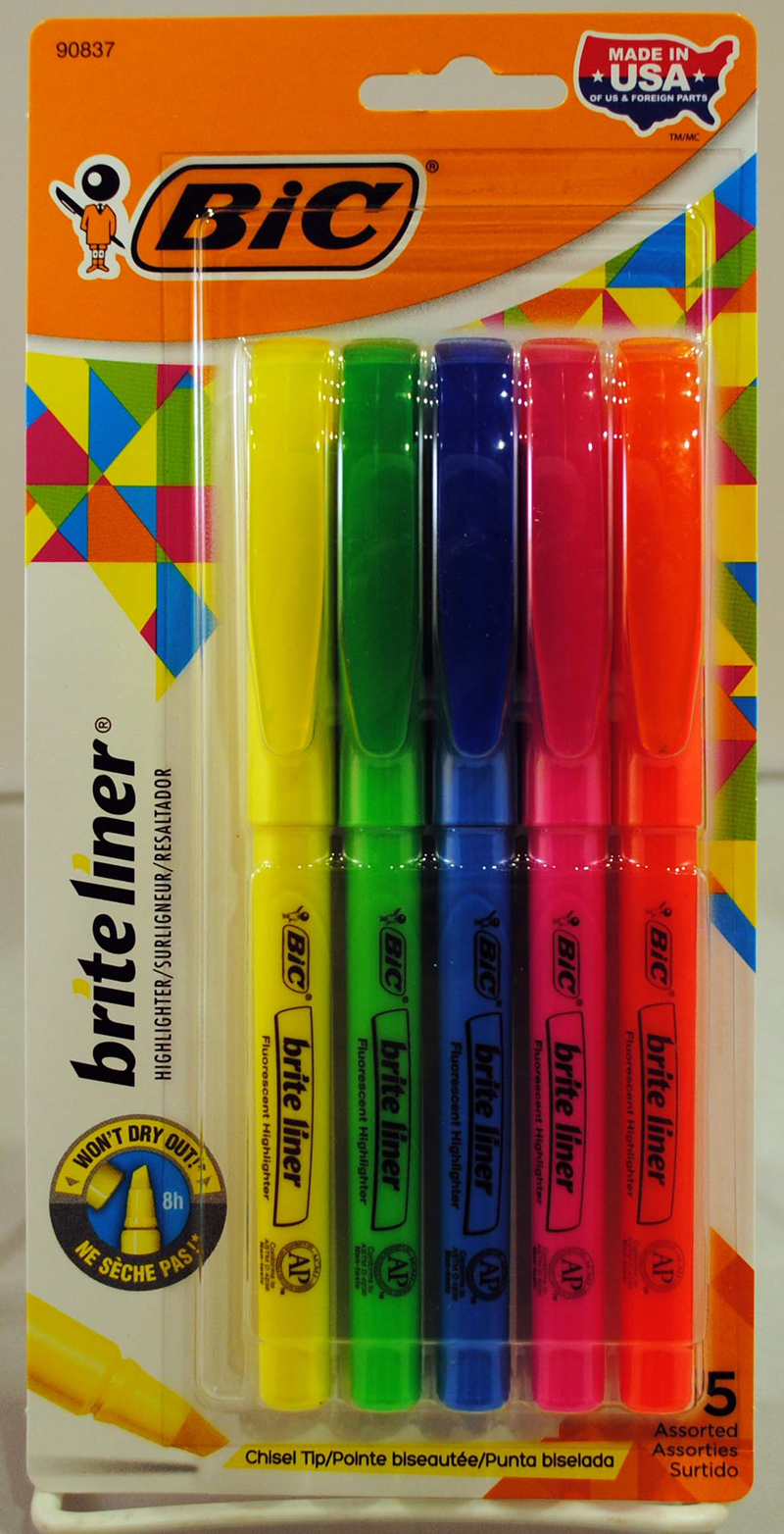 5x Bic Brite Liner Highlighter Pens Multi Fluorescent Pack Marker Set School 